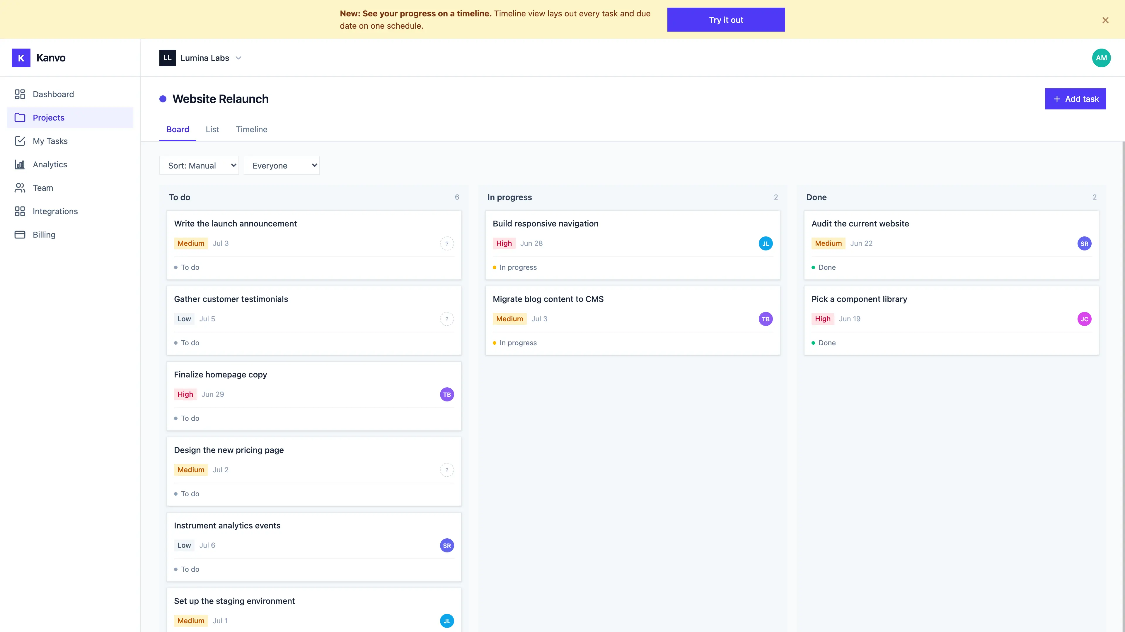 A FlowNavi banner across the top of the Kanvo app, announcing a new timeline view