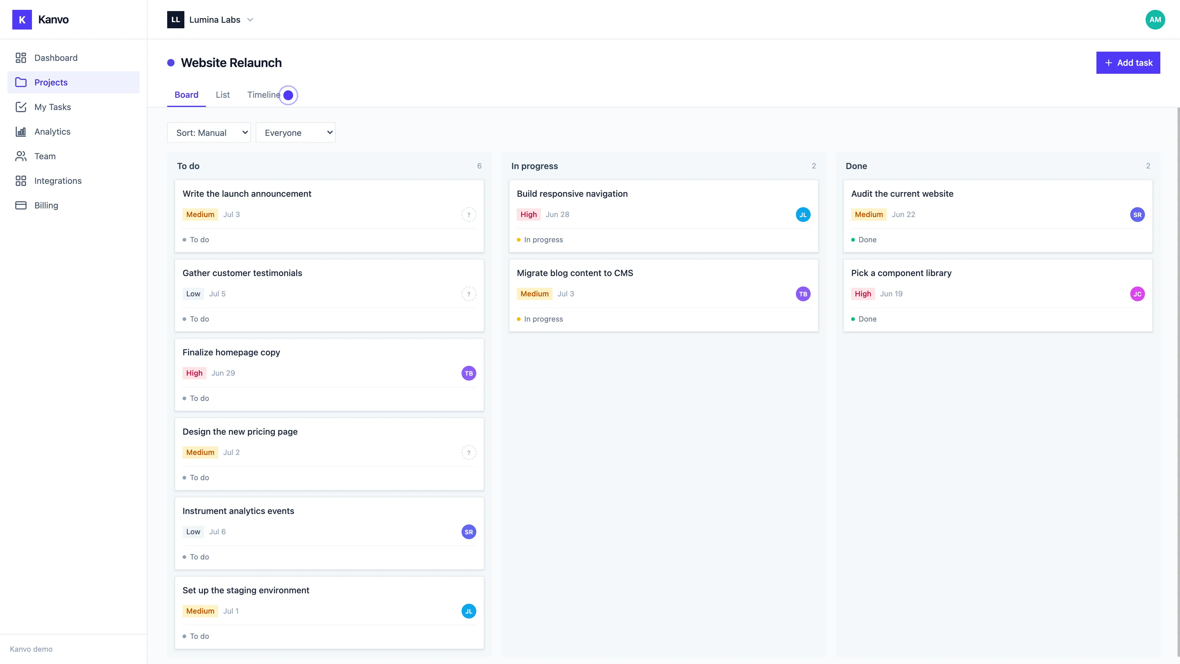 A FlowNavi hotspot pulsing on the Timeline tab in the Kanvo app, drawing attention to the new timeline view