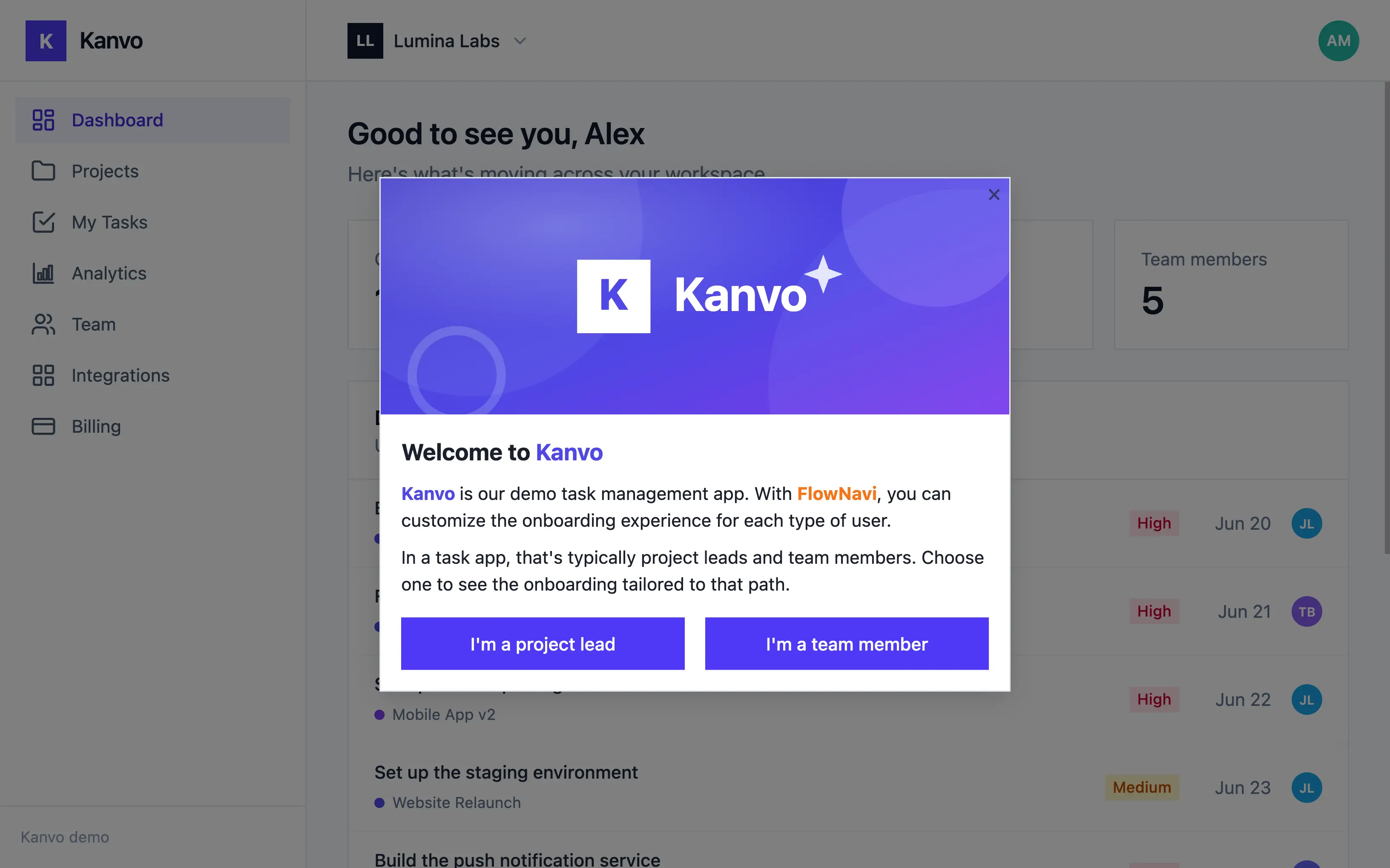 A FlowNavi onboarding flow personalized to the user's selected role in the Kanvo app